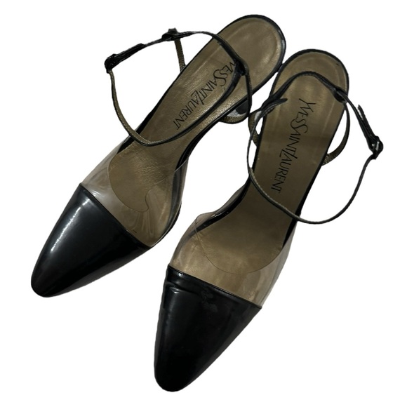 Yves Saint Laurent Lome Plt Clear Strap Black Crepe Heels Size 9 - Picture 3 of 9